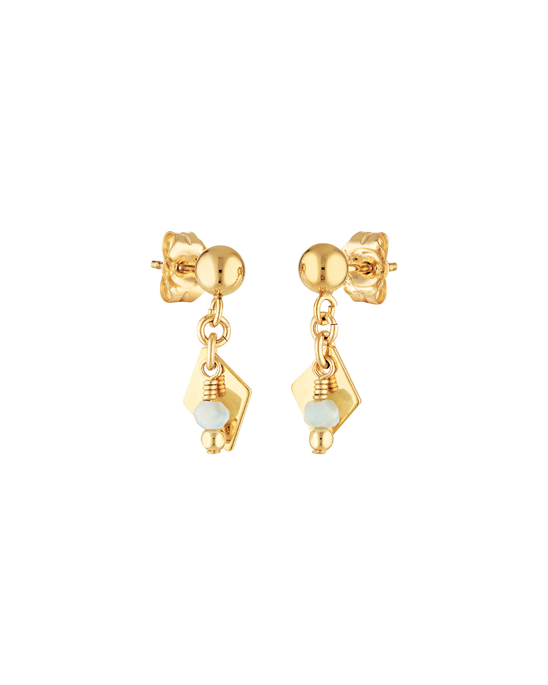 Gold earrings with geometric designs on a white background