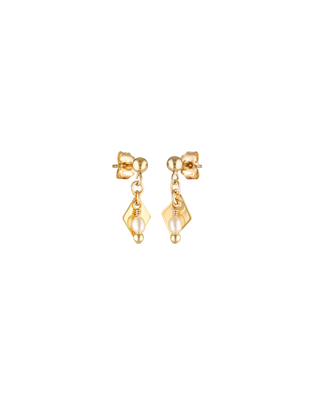 Gold earrings with pearl drops on a white background