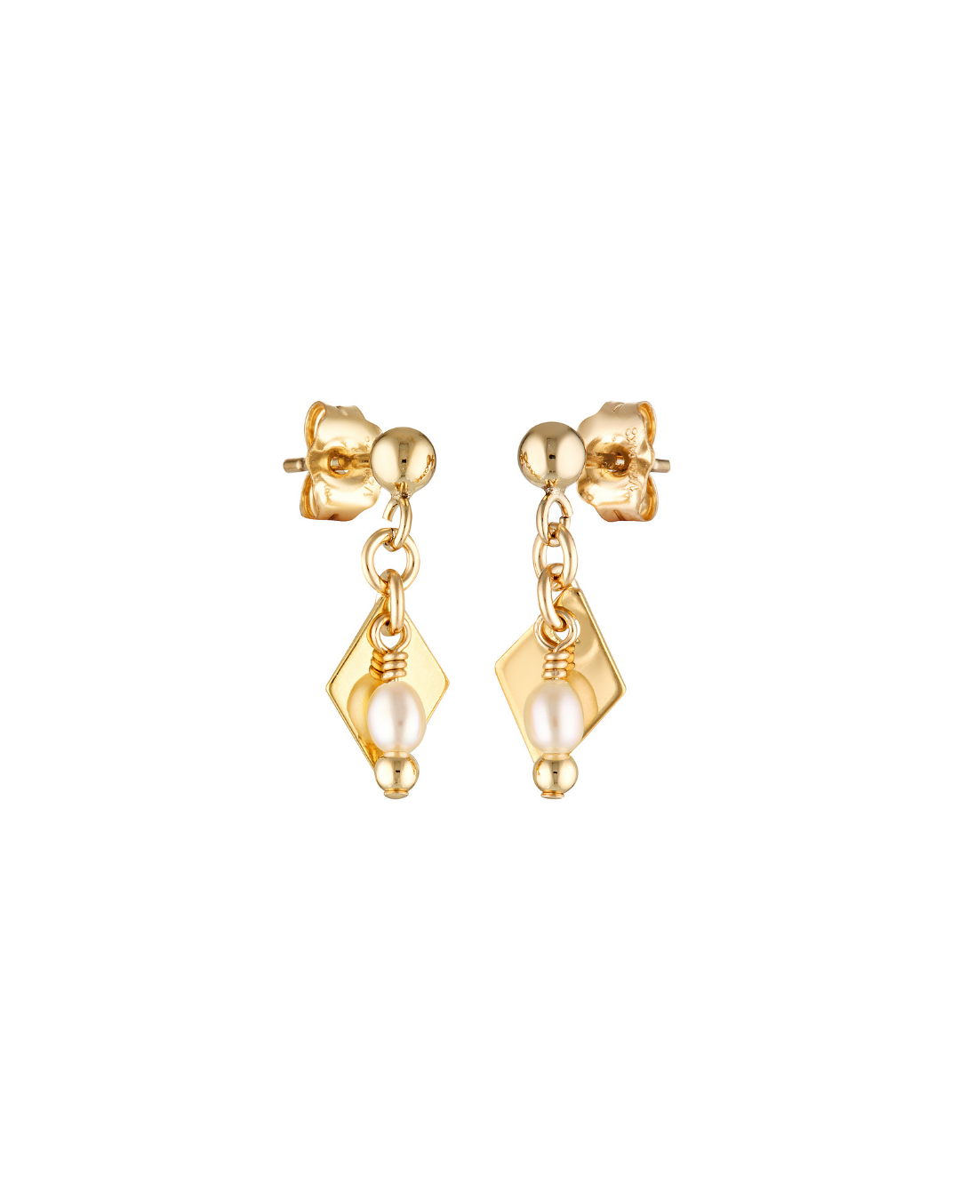 Gold earrings with pearl drops on a white background