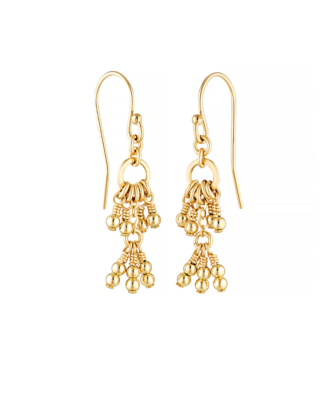 Gold chandelier earrings on a white background