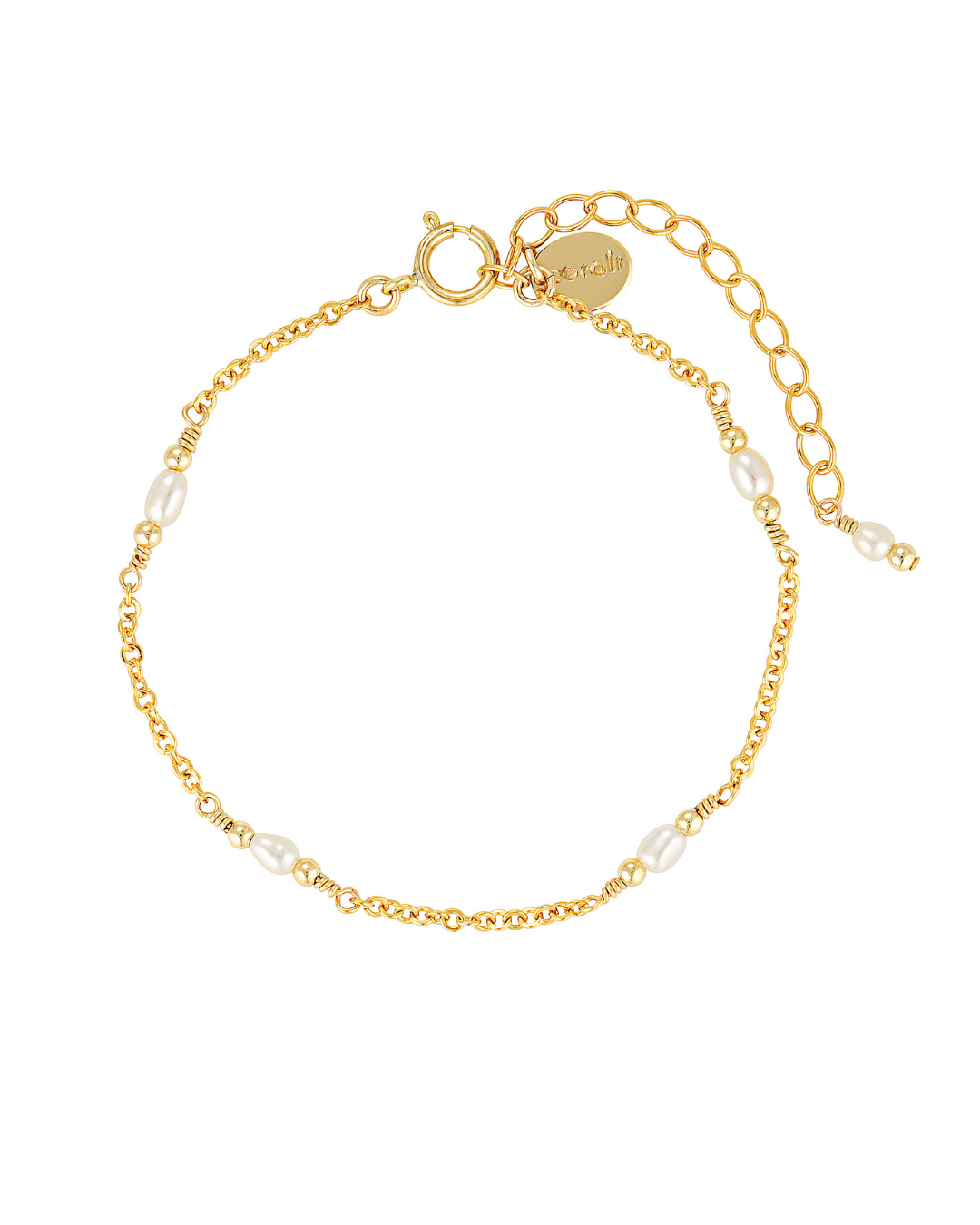Gold bracelet with pearl beads on a white background