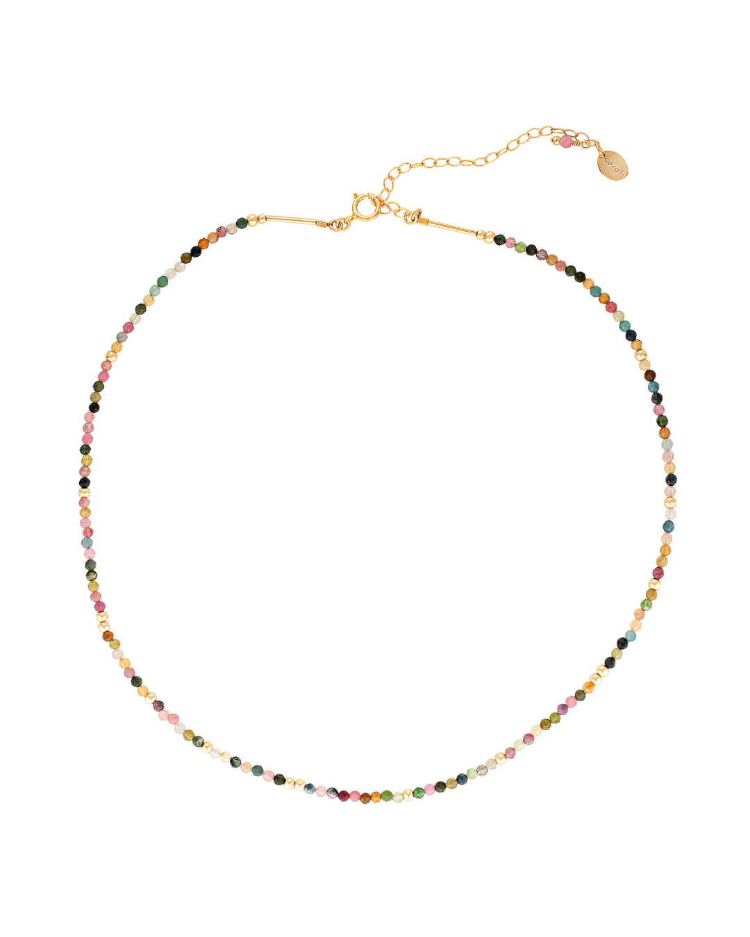 Multicolored tourmaline beaded necklace on a white background
