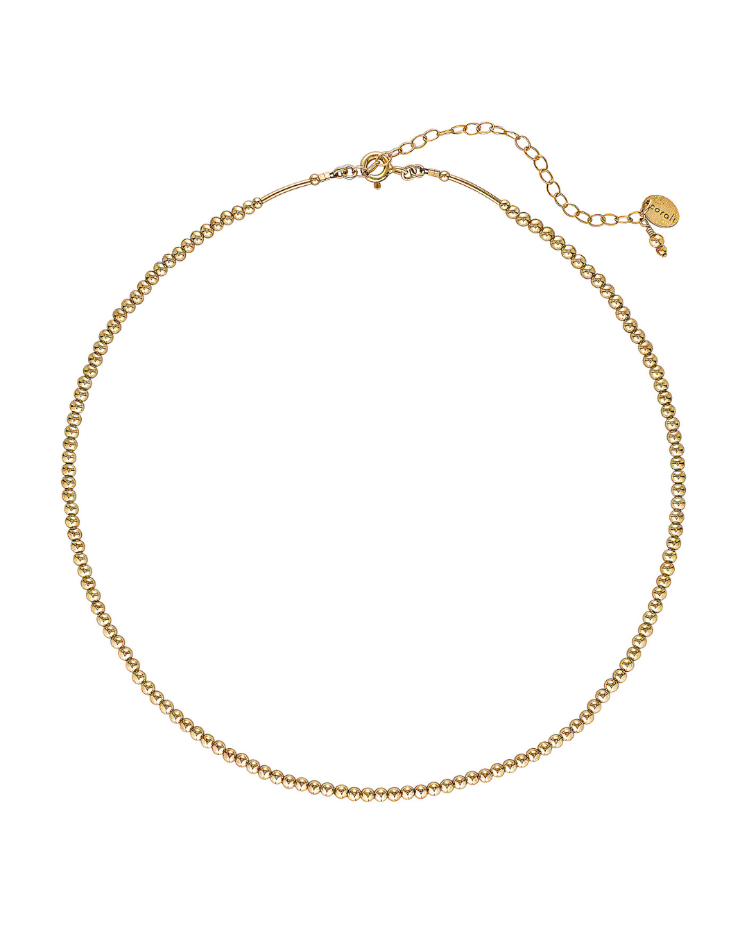 Gold beaded necklace on a white background