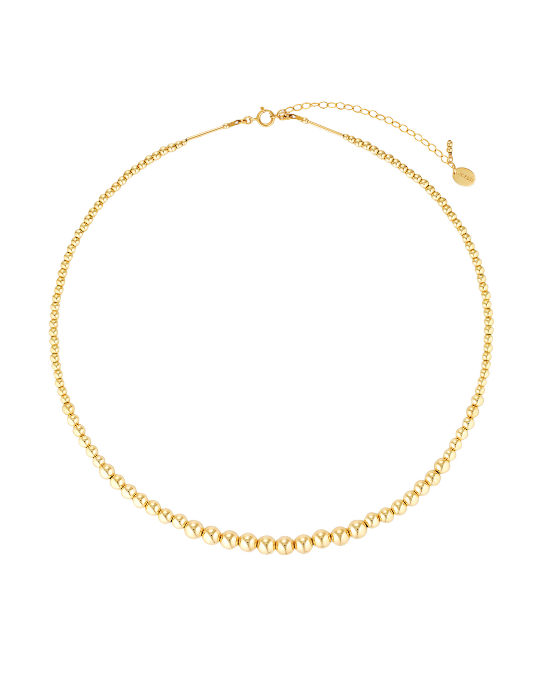 Gold beaded necklace on a white background