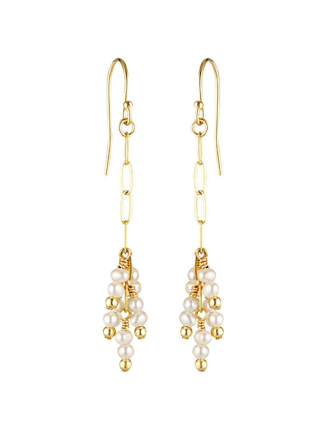 Gold earrings with pearl clusters on a white background
