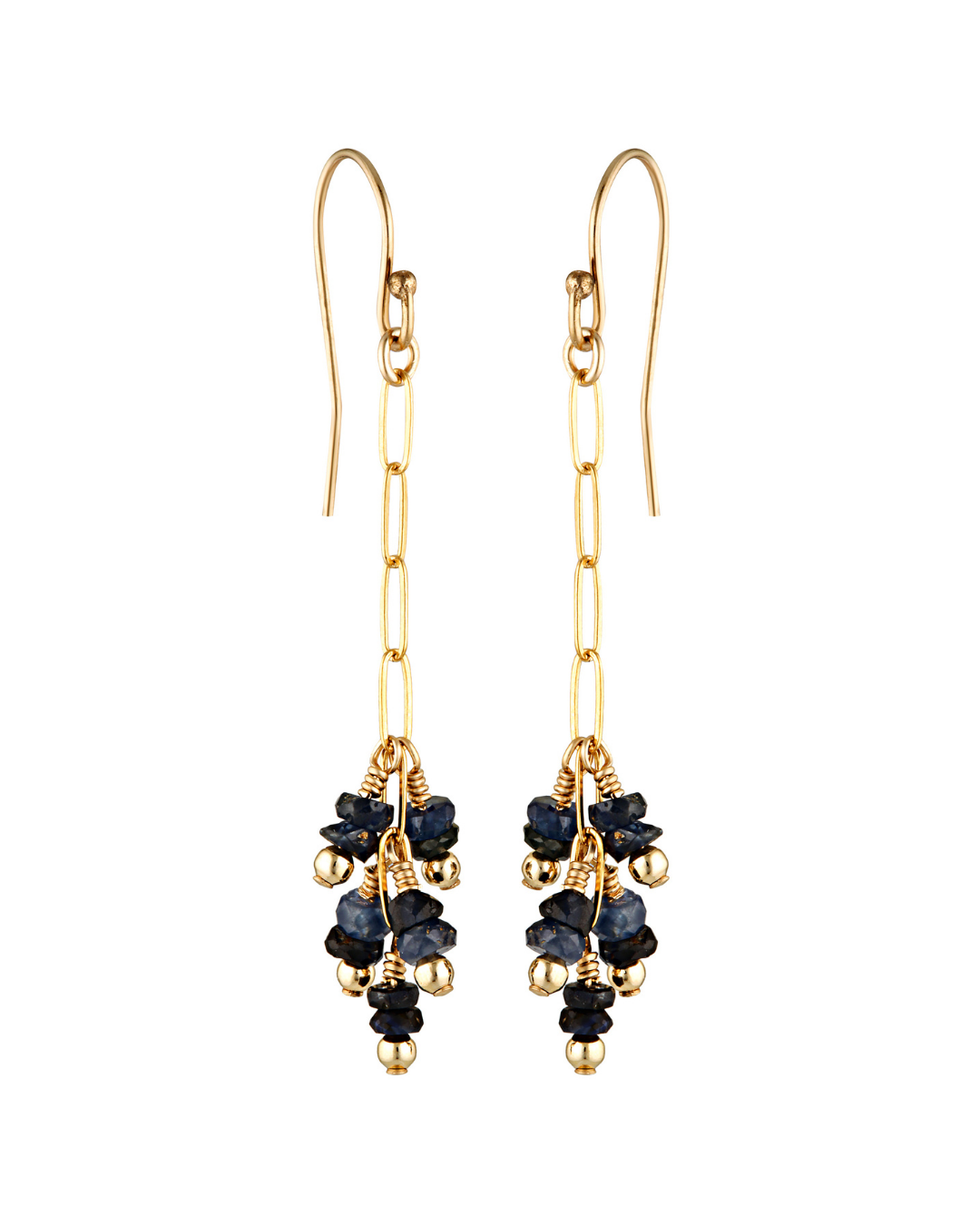 Gold earrings with sapphire beads on a white background
