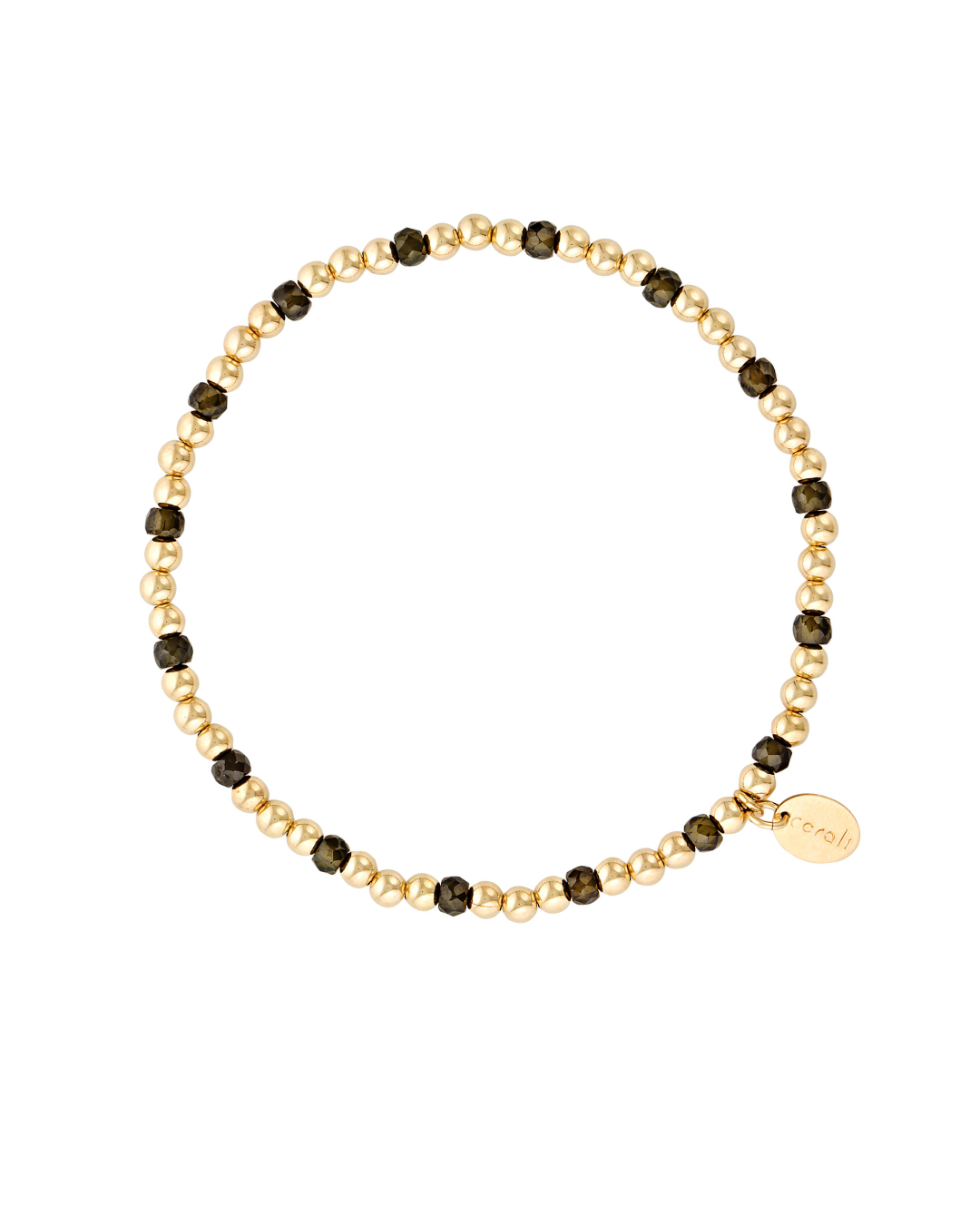 Bracelet with gold and dark green zircon gemstones on a white background