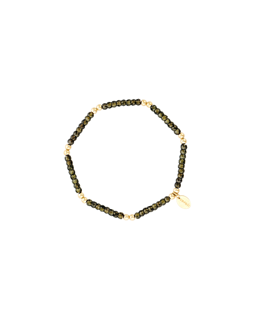Gold beaded bracelet with dark green zircon gemstones on a white background
