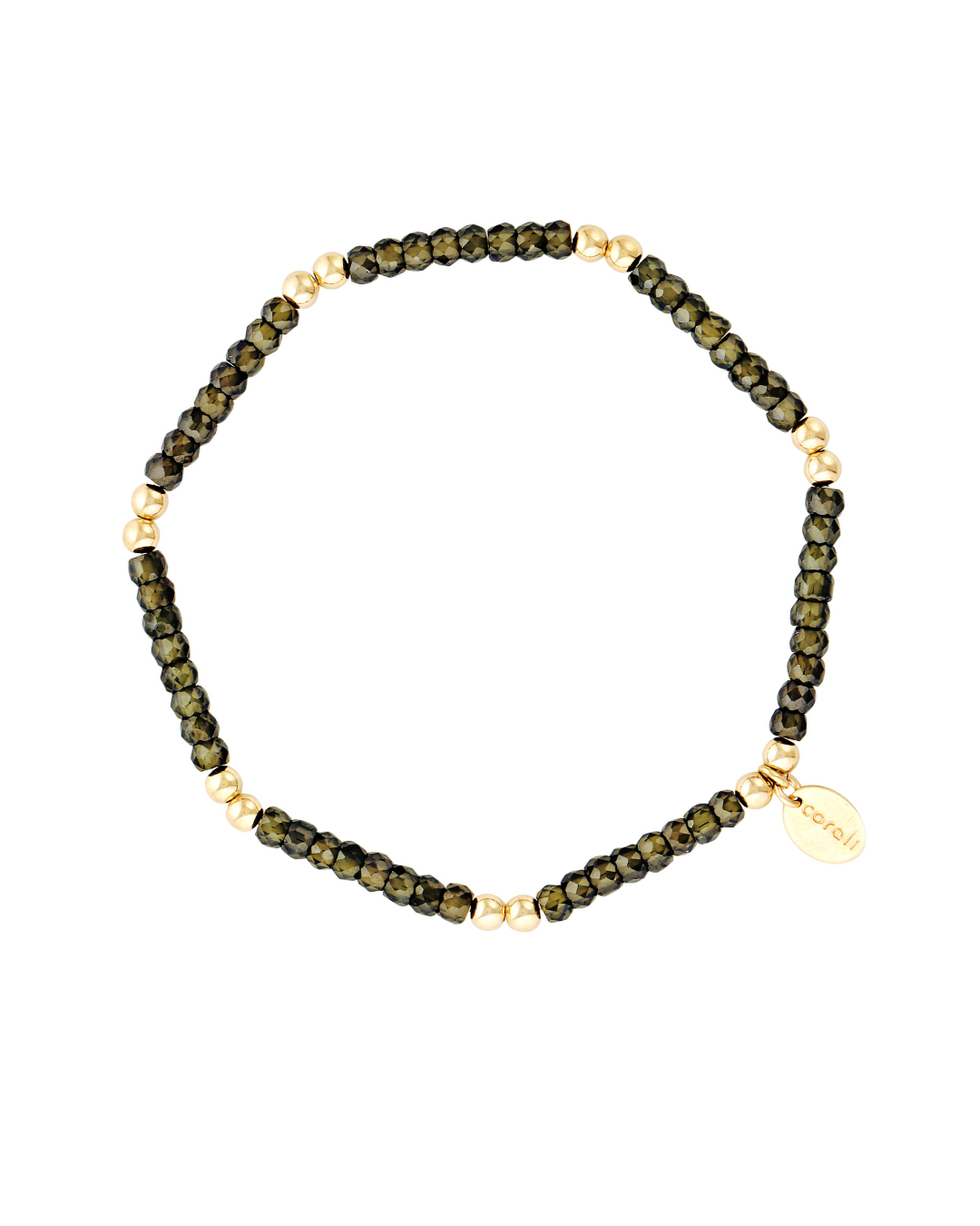 Dark green zircon gemstone bracelet with gold accent beads on a white background