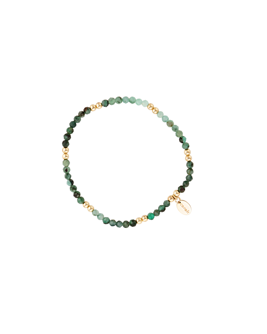 Gold beaded emerald gemstone bracelet on a white background
