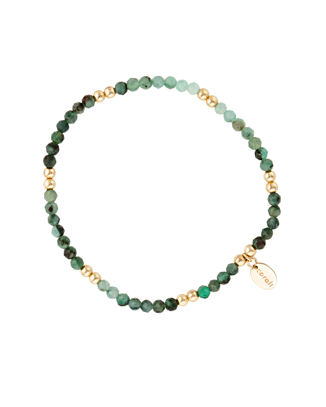 Green emerald beaded bracelet with gold accents on a white background