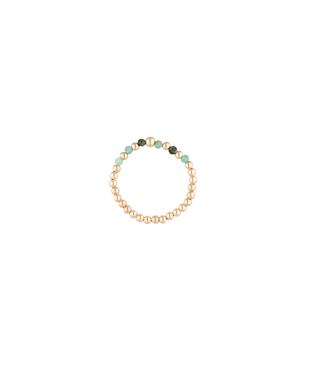 Gold beaded and emerald gemstone ring on a white background