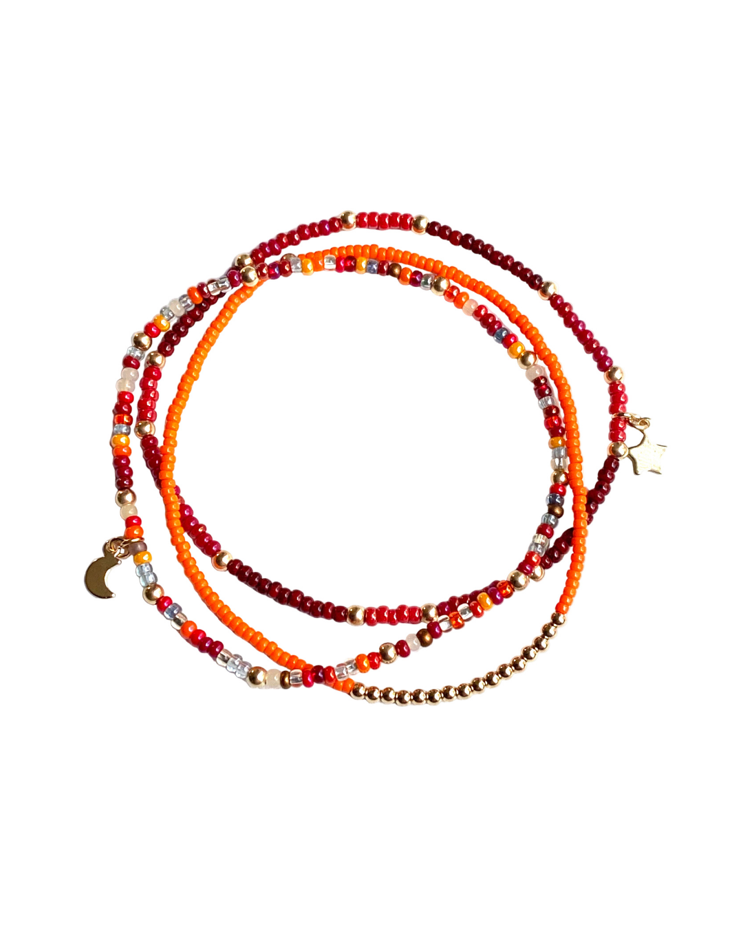 Set of colorful beaded necklaces on a white background