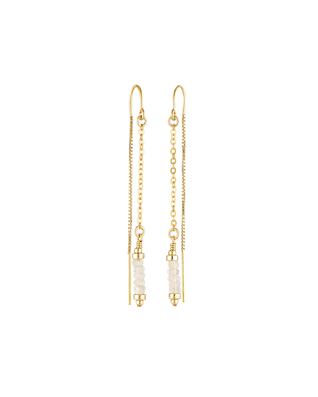 Gold thread moonstone earrings on a white background