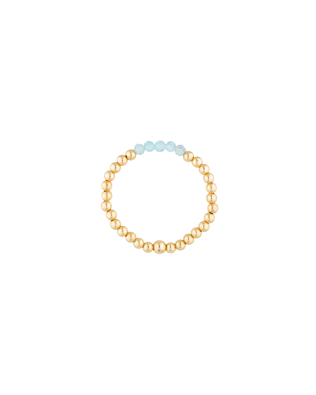 Beaded bracelet with gold and light blue beads on a white background