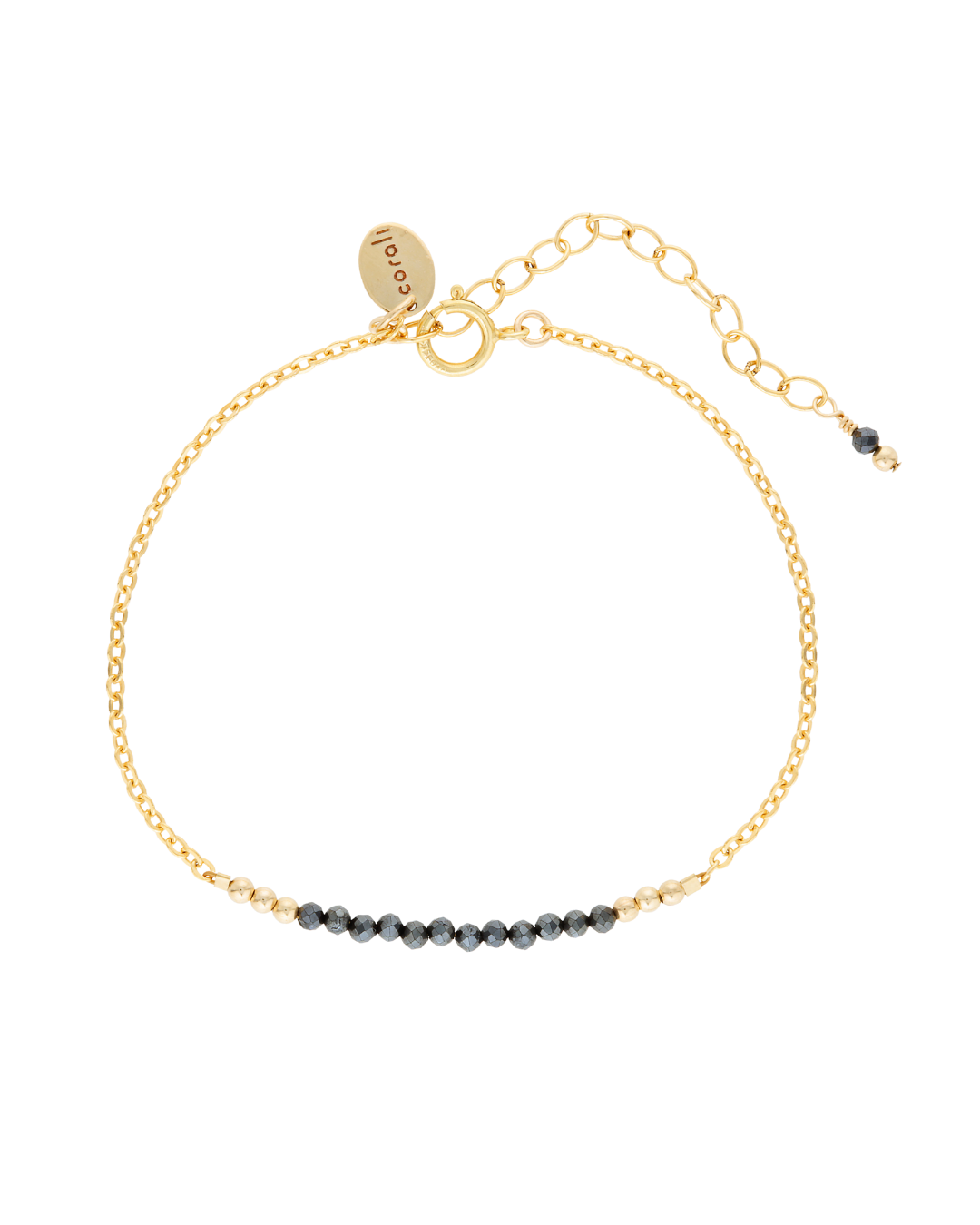 Gold bracelet with black spinel beads on a white background