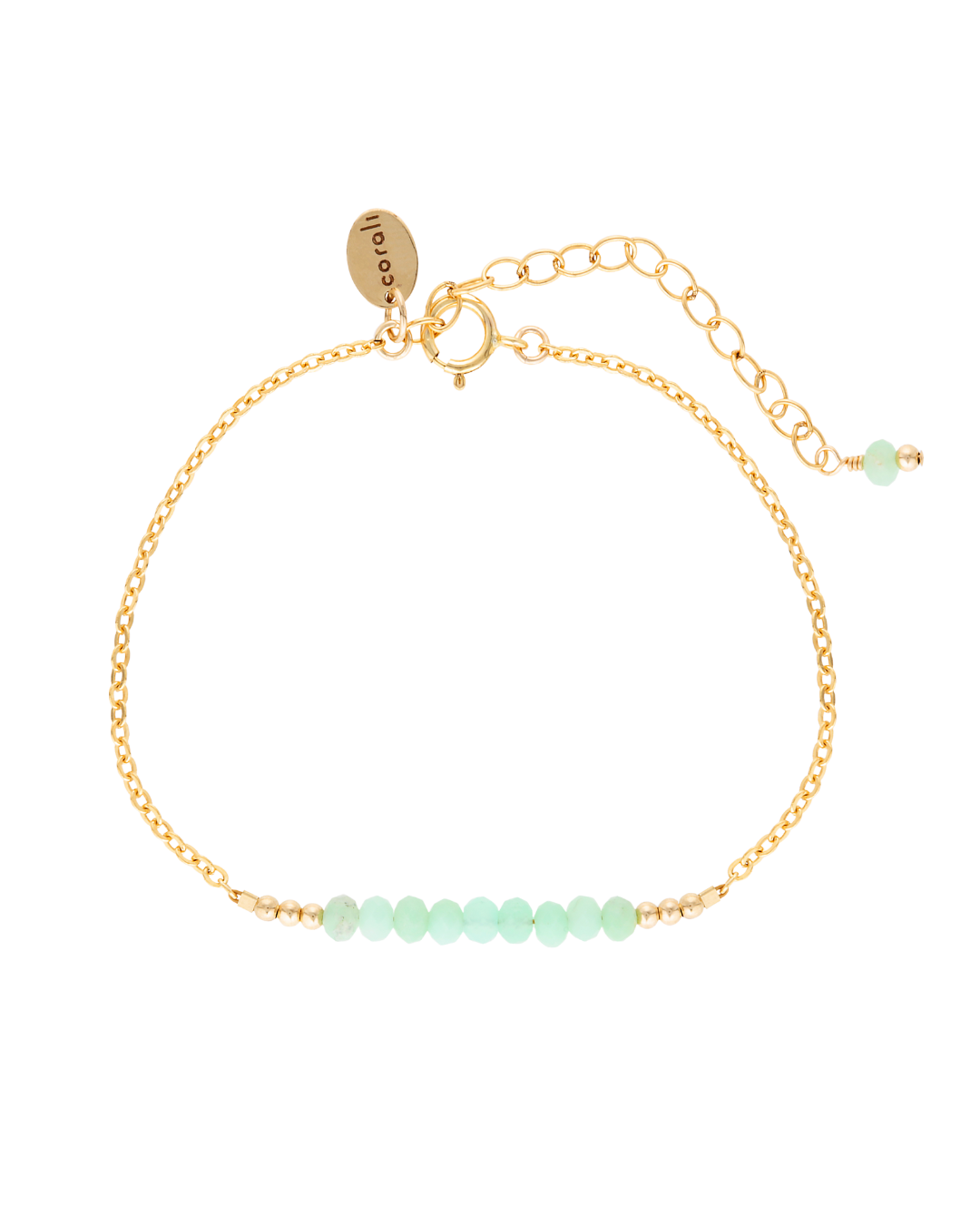 Gold bracelet with green chrysoprase beads on a white background