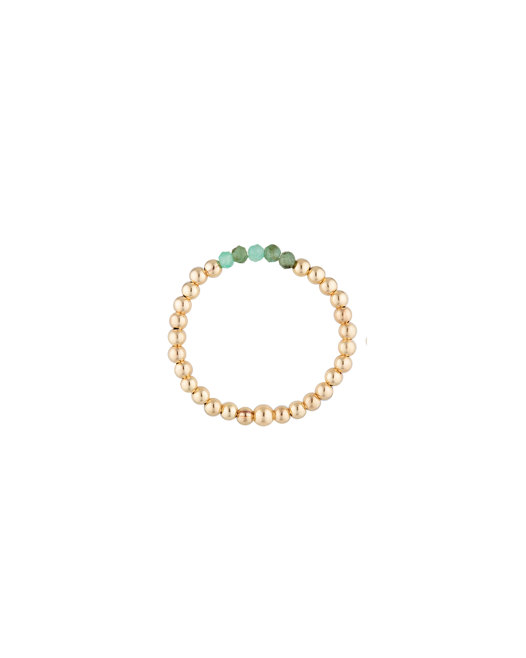 Beaded bracelet with gold and green beads on a white background