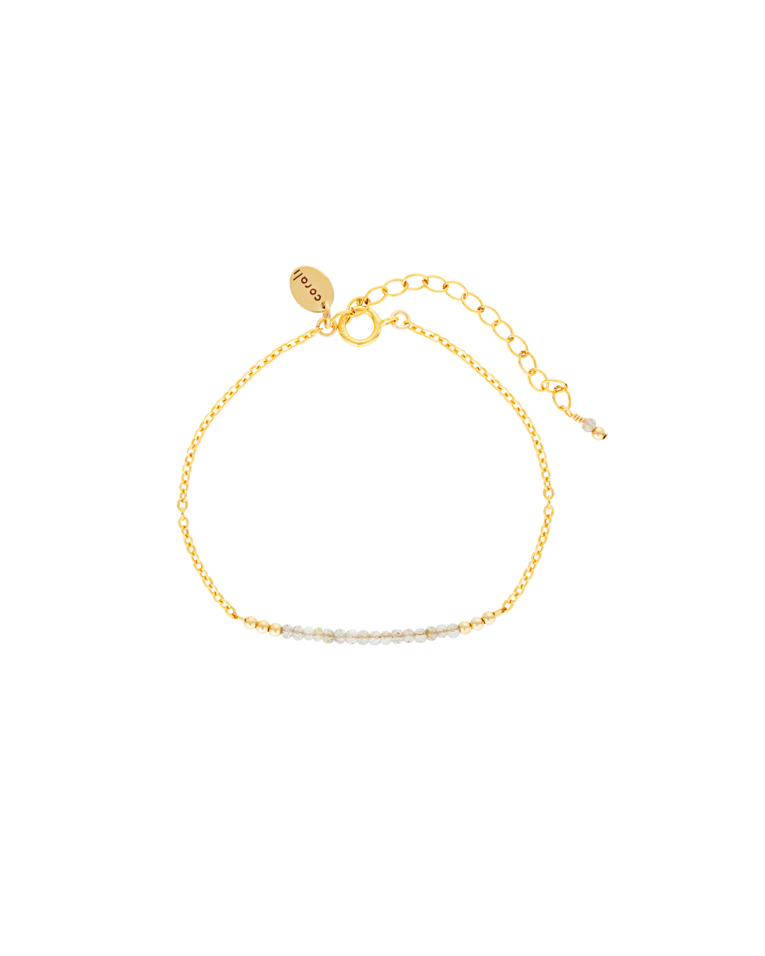 Gold bracelet with labradorite gemstones on a white background