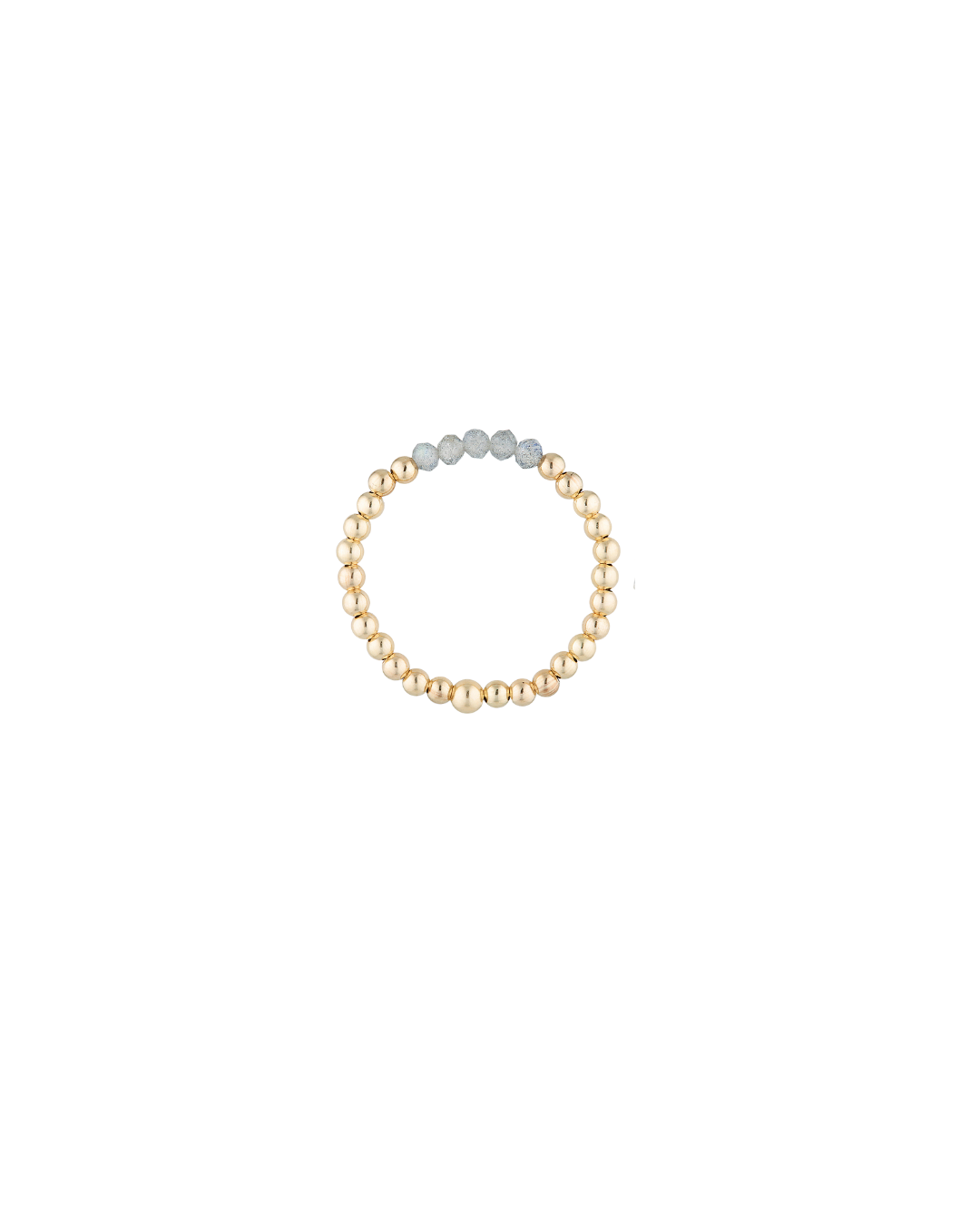 Gold beaded ring with labradorite gemstones on a white background