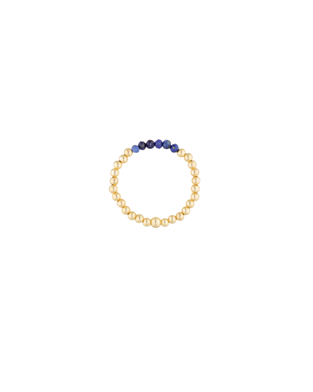 Gold beaded ring with lapis lazuli gemstones on a white background