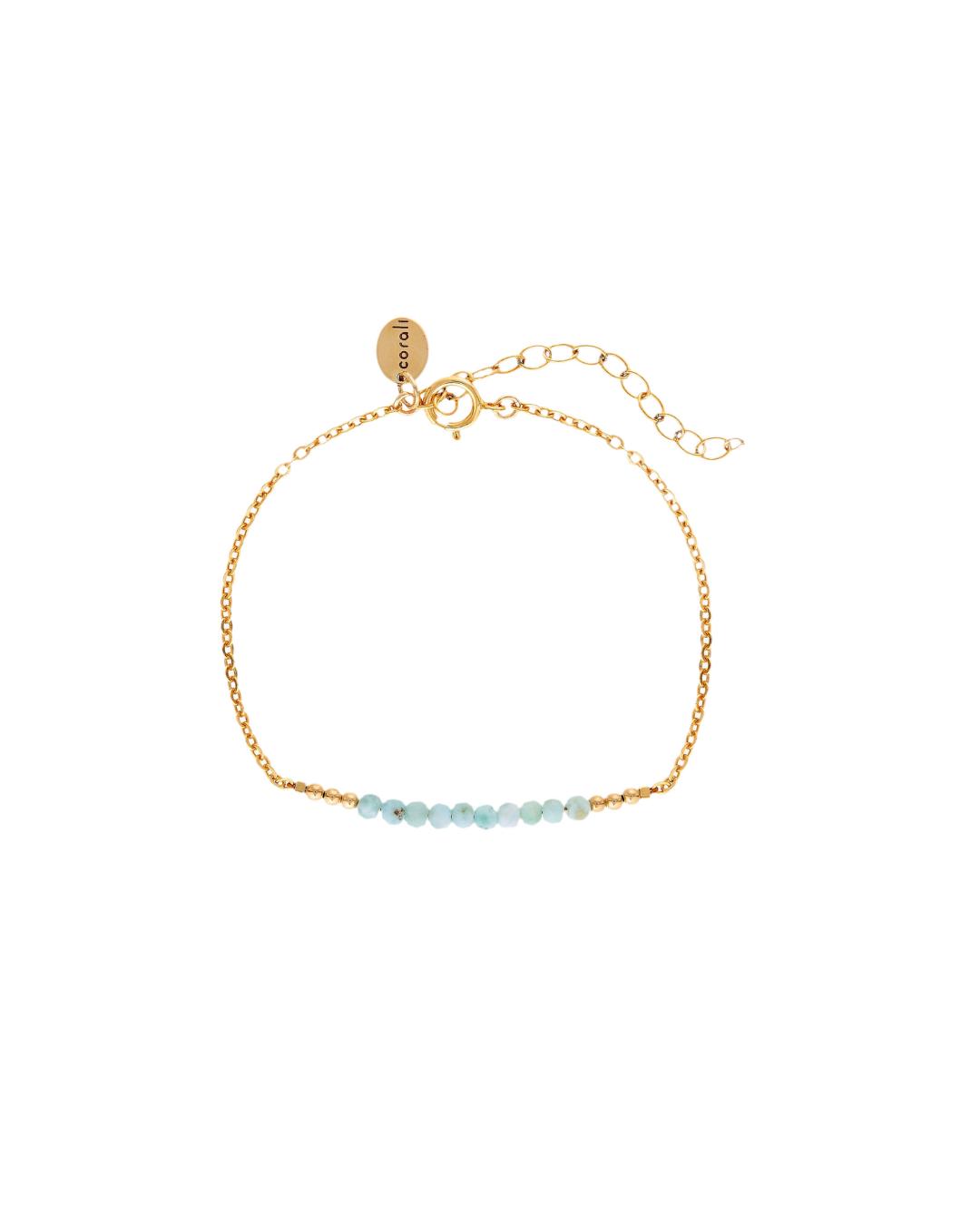 Gold bracelet with larimar gemstones on a white background