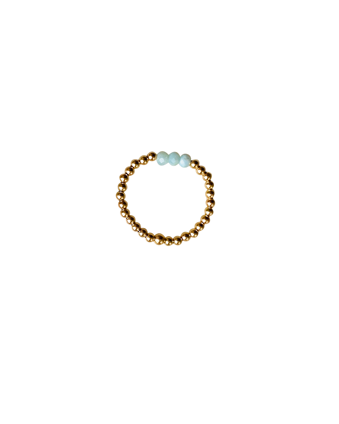 Gold beaded ring with larimar gemstones on a white background