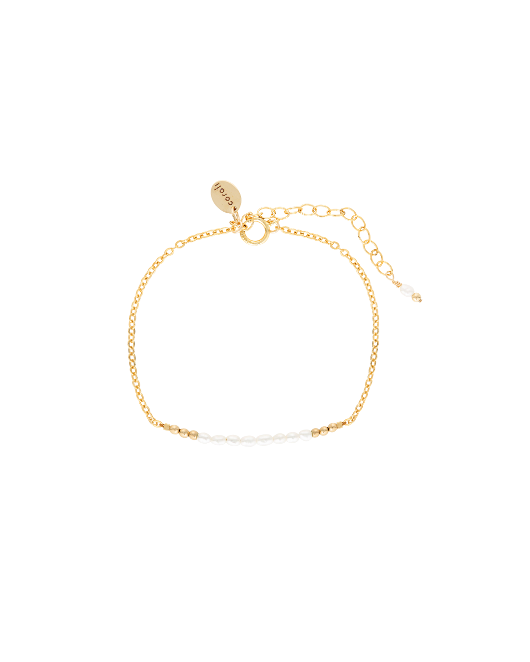 Gold chain and pearl bracelet on white background.