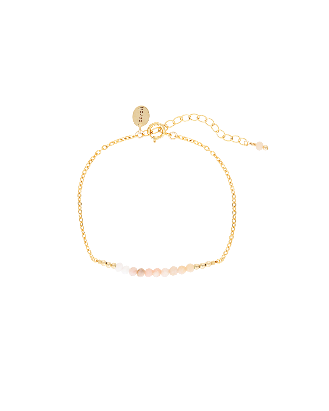 Gold bracelet with pink peruvian opal gemstones on a white background