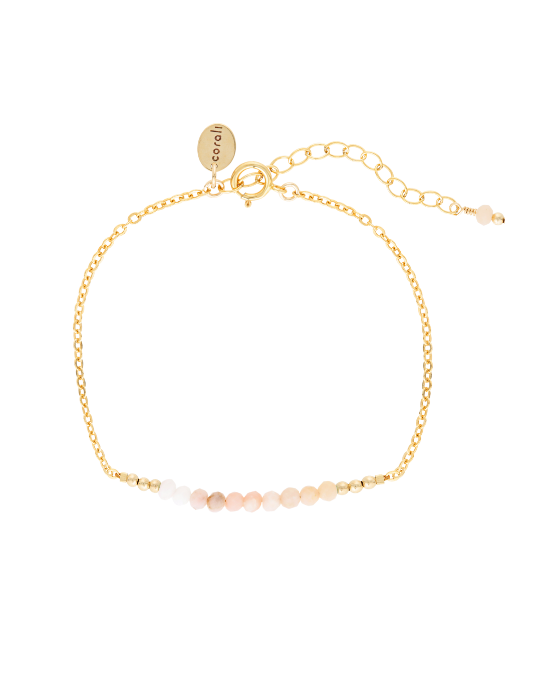 Gold bracelet with small peruvian opal beads on a white background