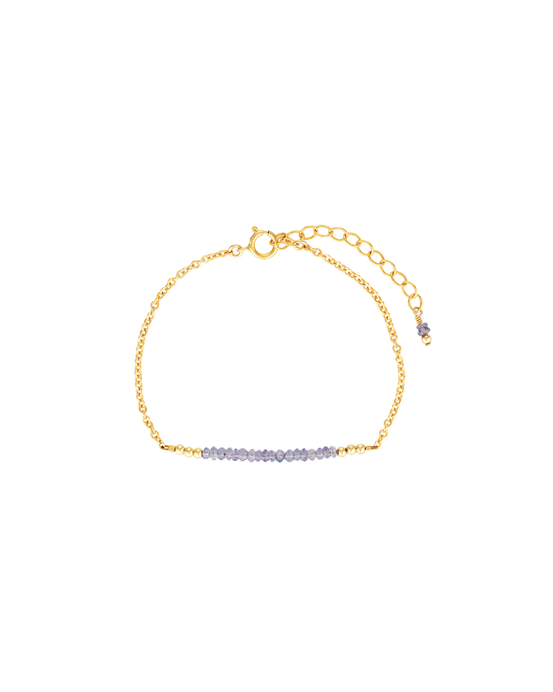 Gold bracelet with tanzanite gemstones on a white background
