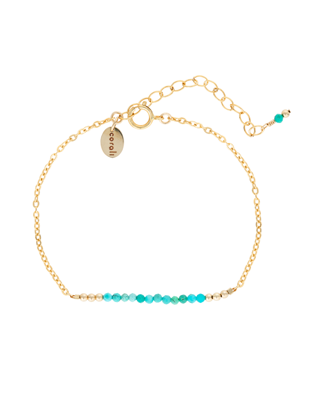 Gold bracelet with turquoise beads on a white background