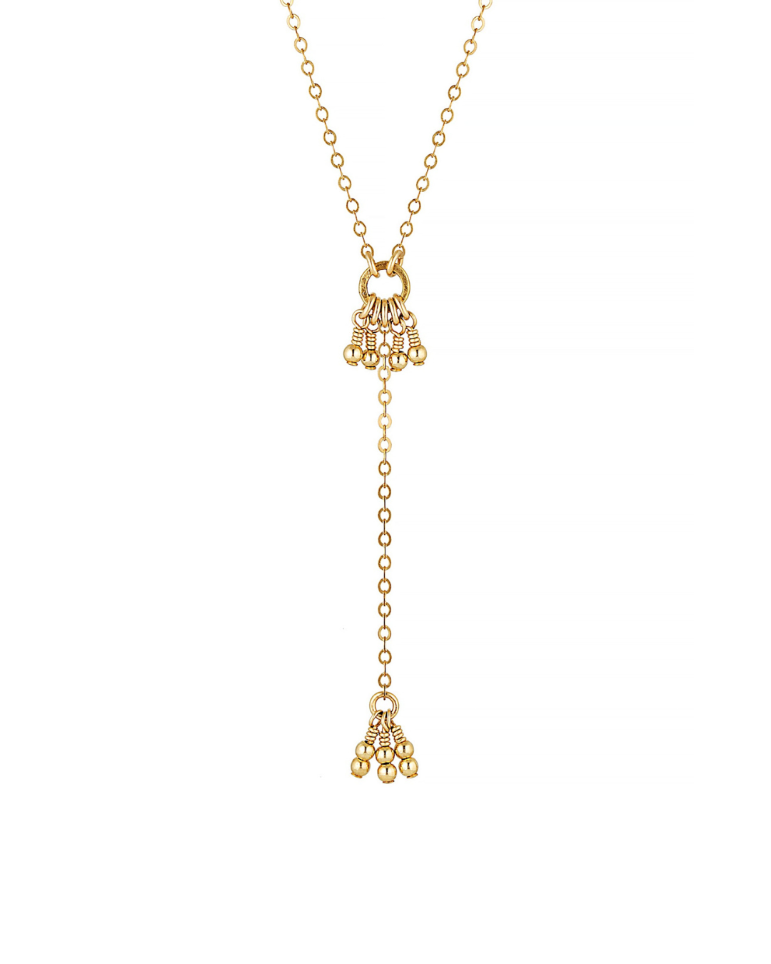 A gold lariat necklace with wire wrapped beads displayed against a white background.