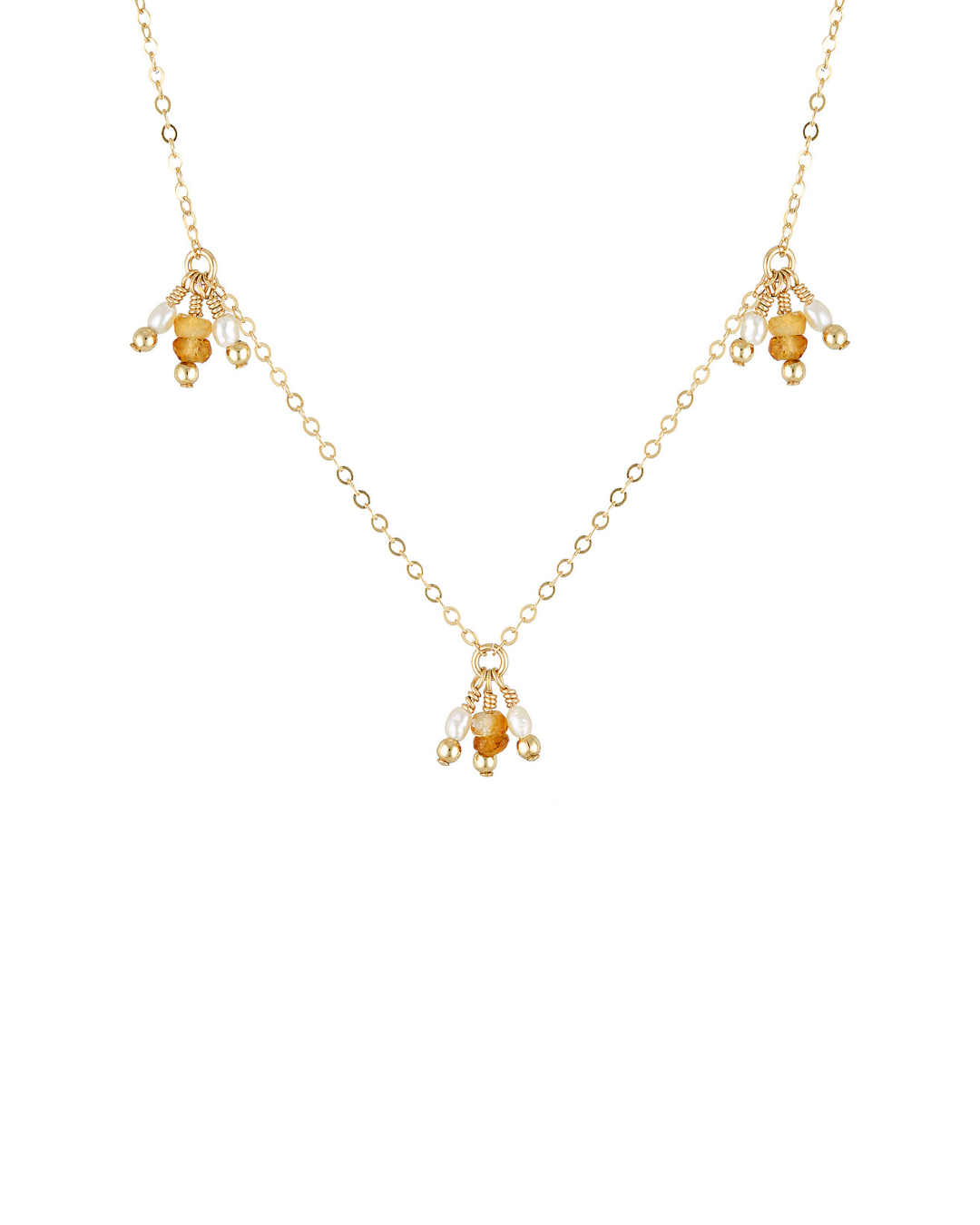 Gold chain necklace with tassel citrine and pearl beads.