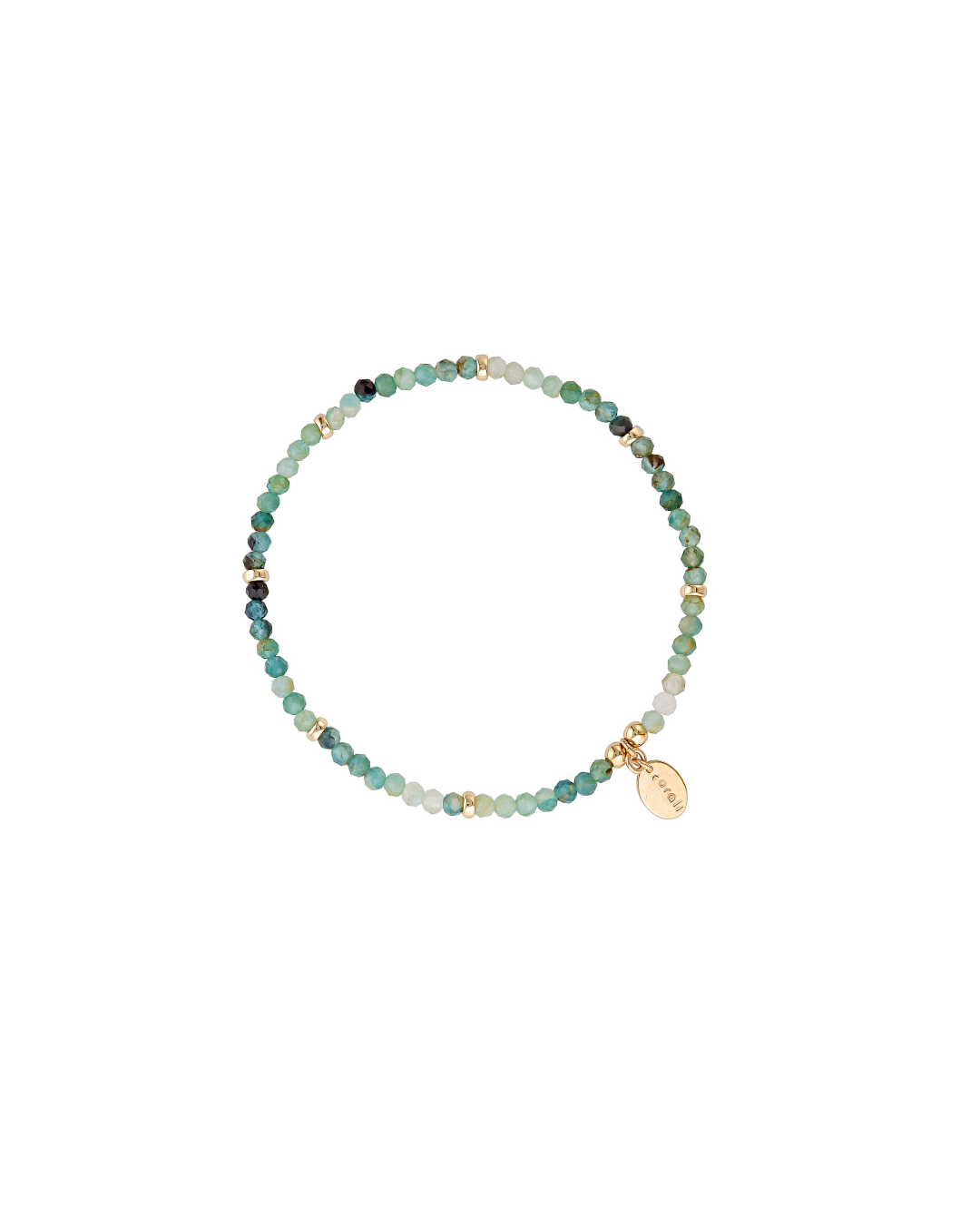 Gold beaded bracelet with grandidierite gemstones on a white background