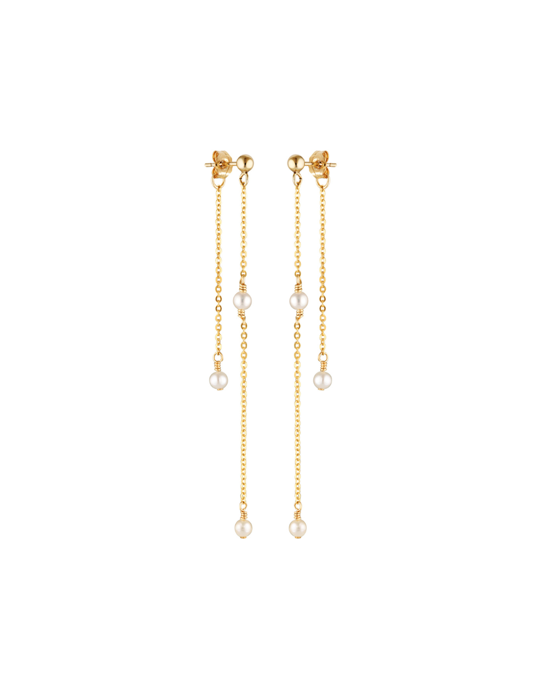 Gold earrings with pearl drops on a white background