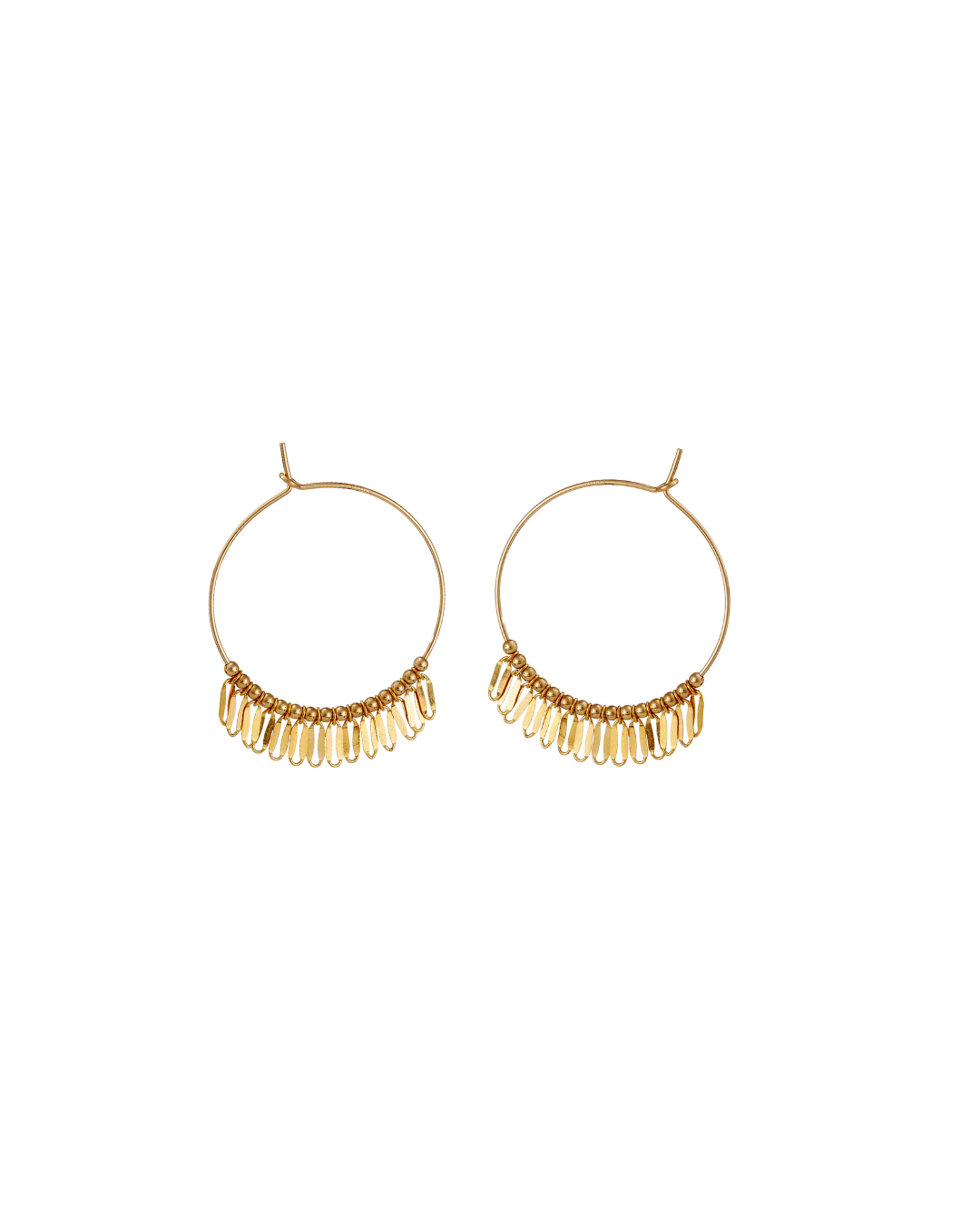 Gold hoop earrings with fringe details on a white background