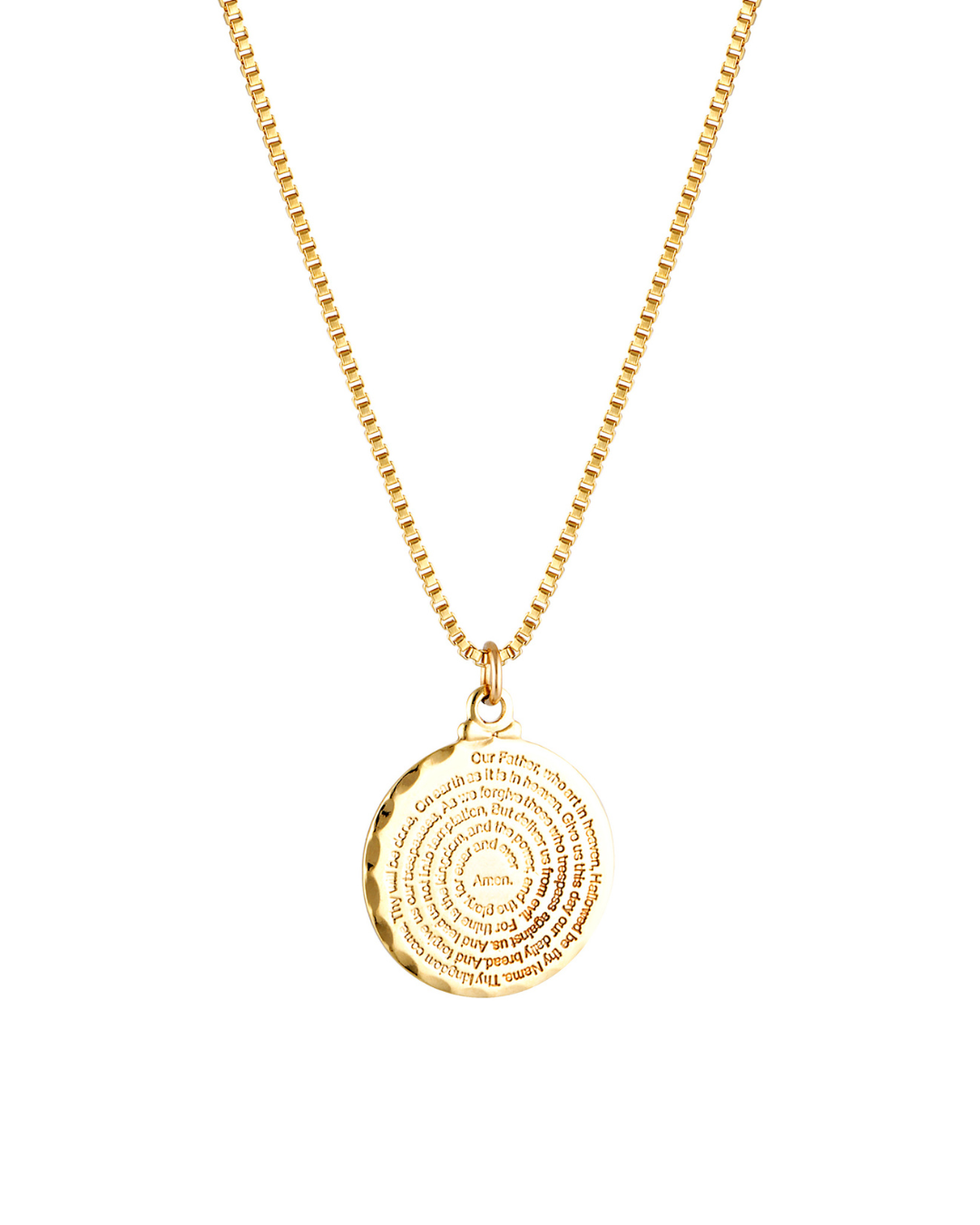 Gold necklace with a round pendant on a white background