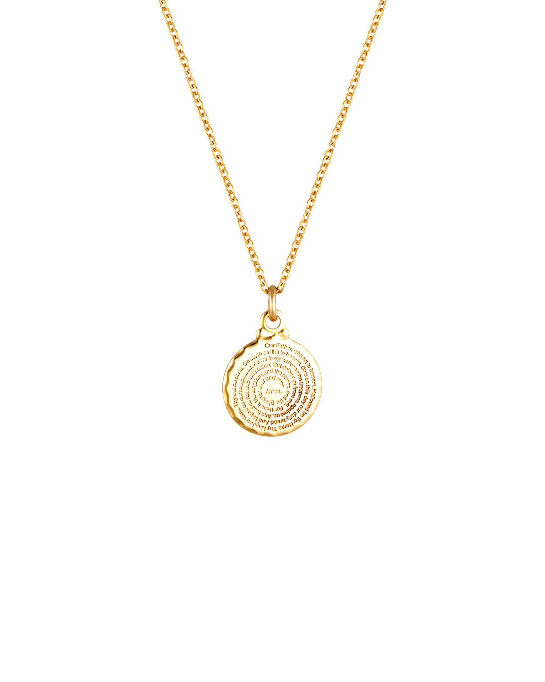 Gold necklace with a circular pendant on a white background