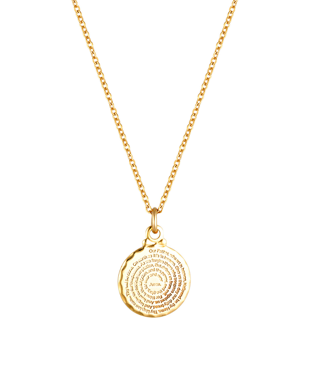 Gold necklace with a circular pendant on a white background
