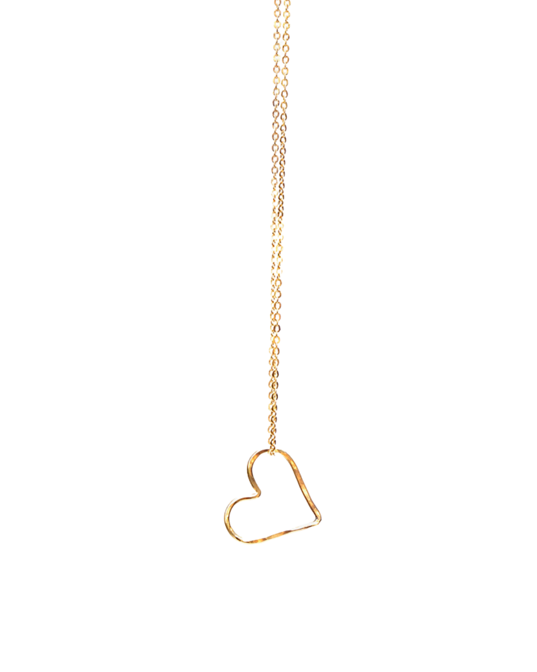 Gold heart-shaped pendant on a chain against a white background