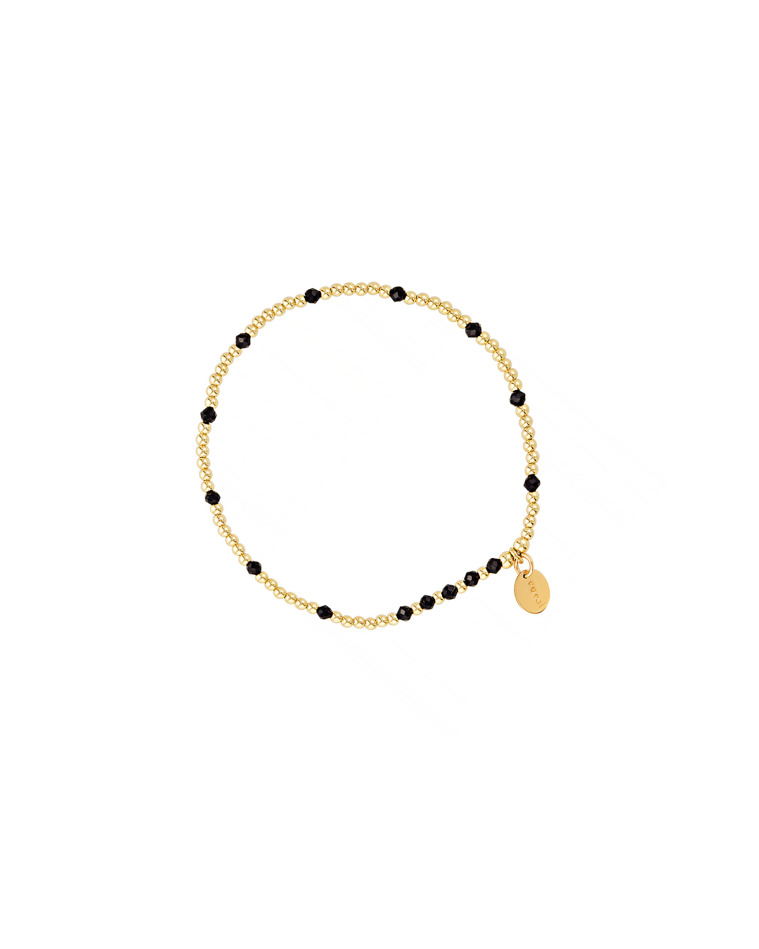 Gold bracelet with black beads on a white background