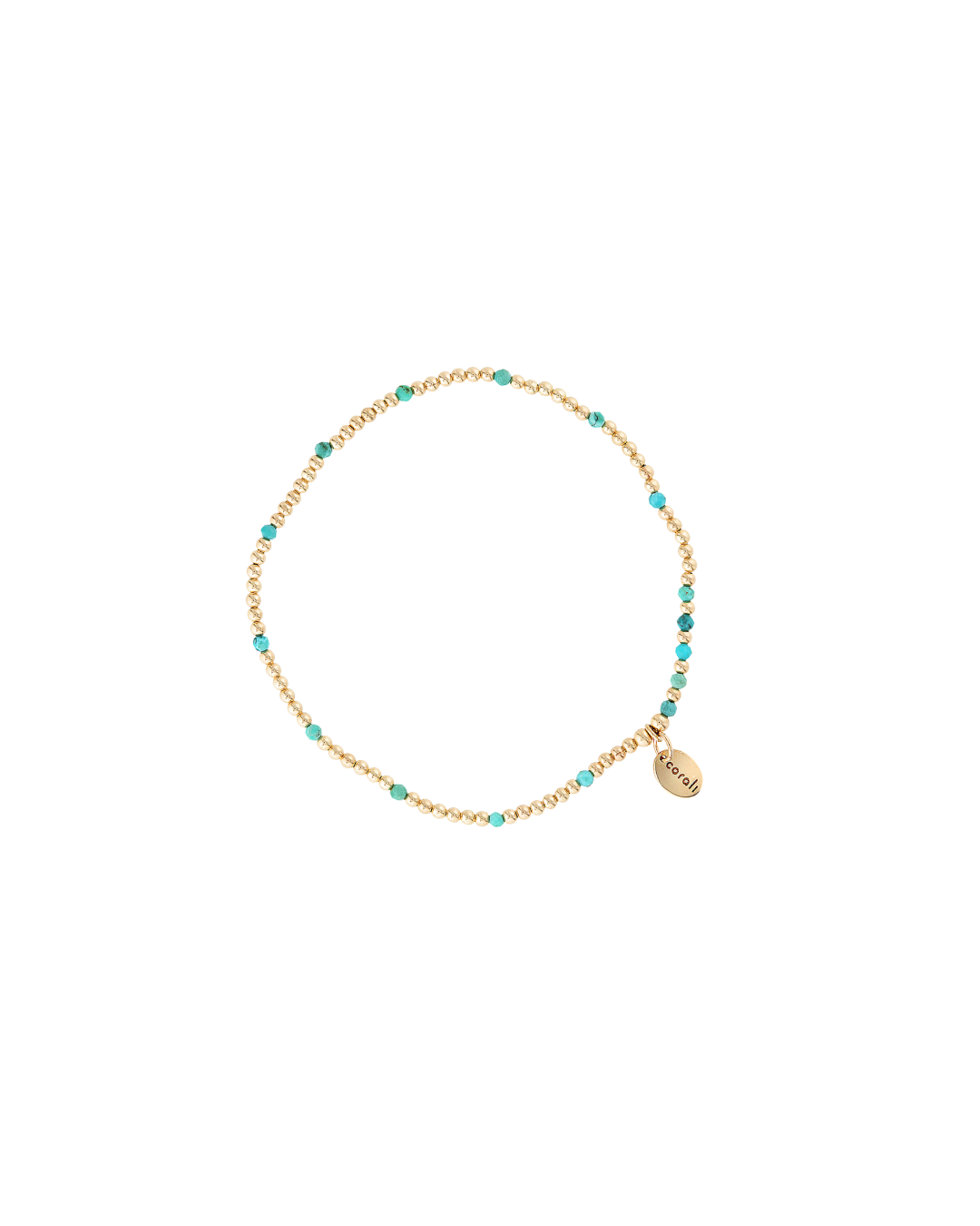 Gold beaded bracelet with turquoise gemstones on a white background