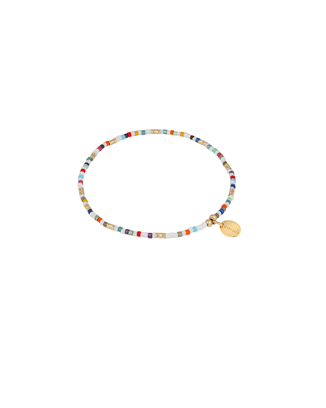 Multi coloured glass beaded bracelet on a white background