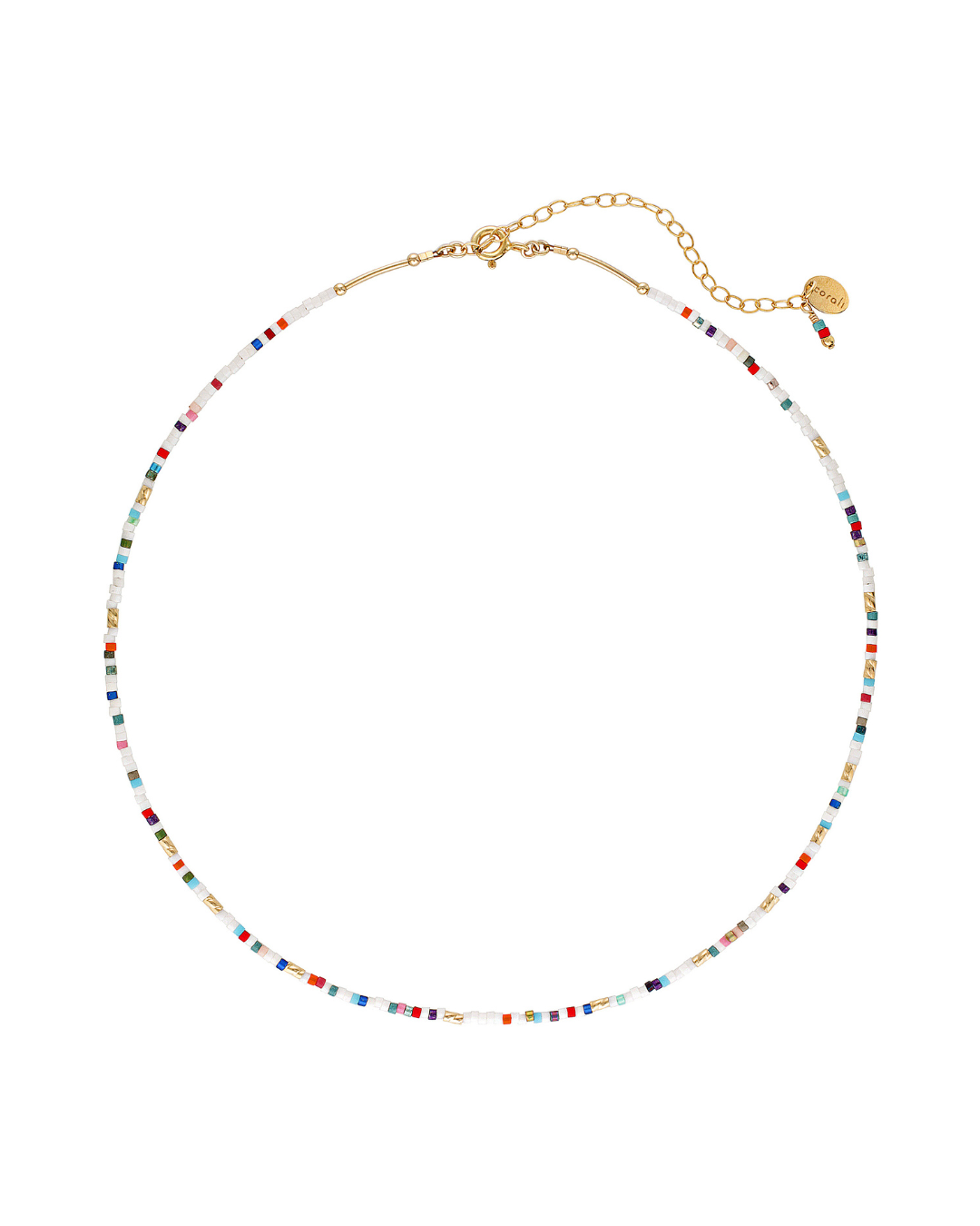 Necklace with multi coloured glass and gold beads on a white background