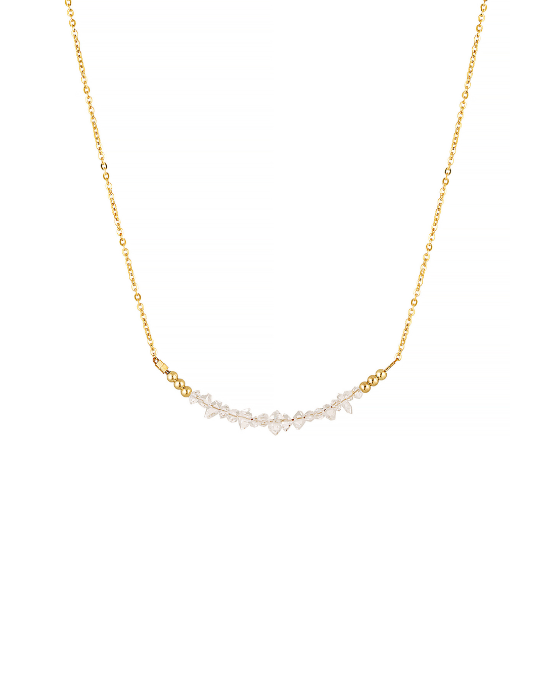 Gold necklace with herkimer diamond gemstones on a white background