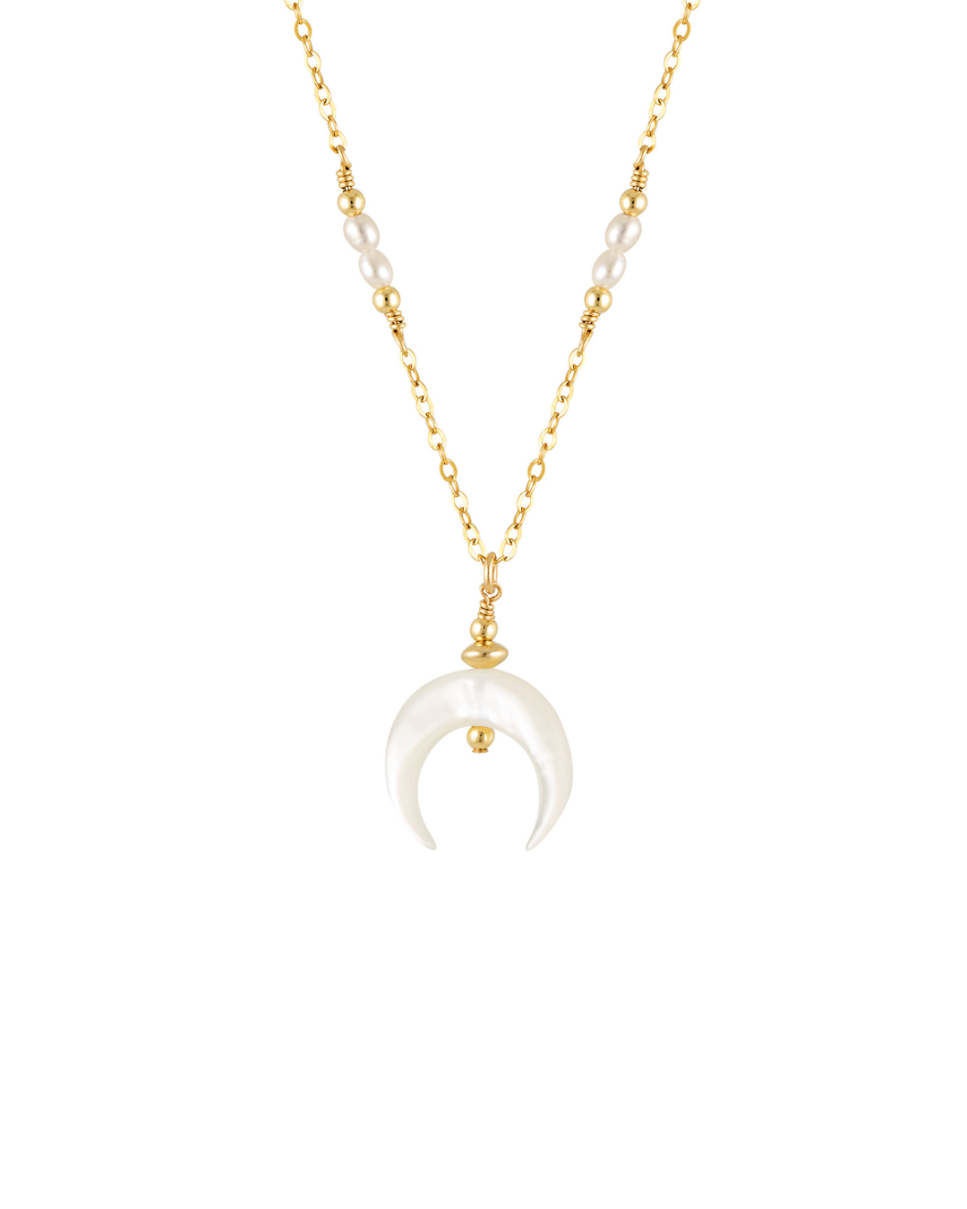 Necklace with a mother of pearl crescent moon pendant on a gold pearl chain against a white background