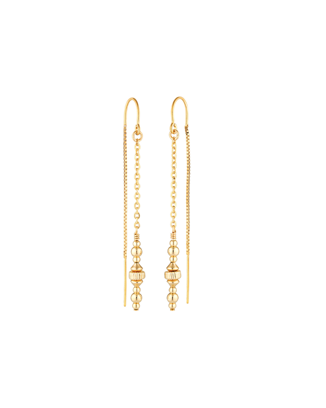 Gold beaded thread earrings on a white background