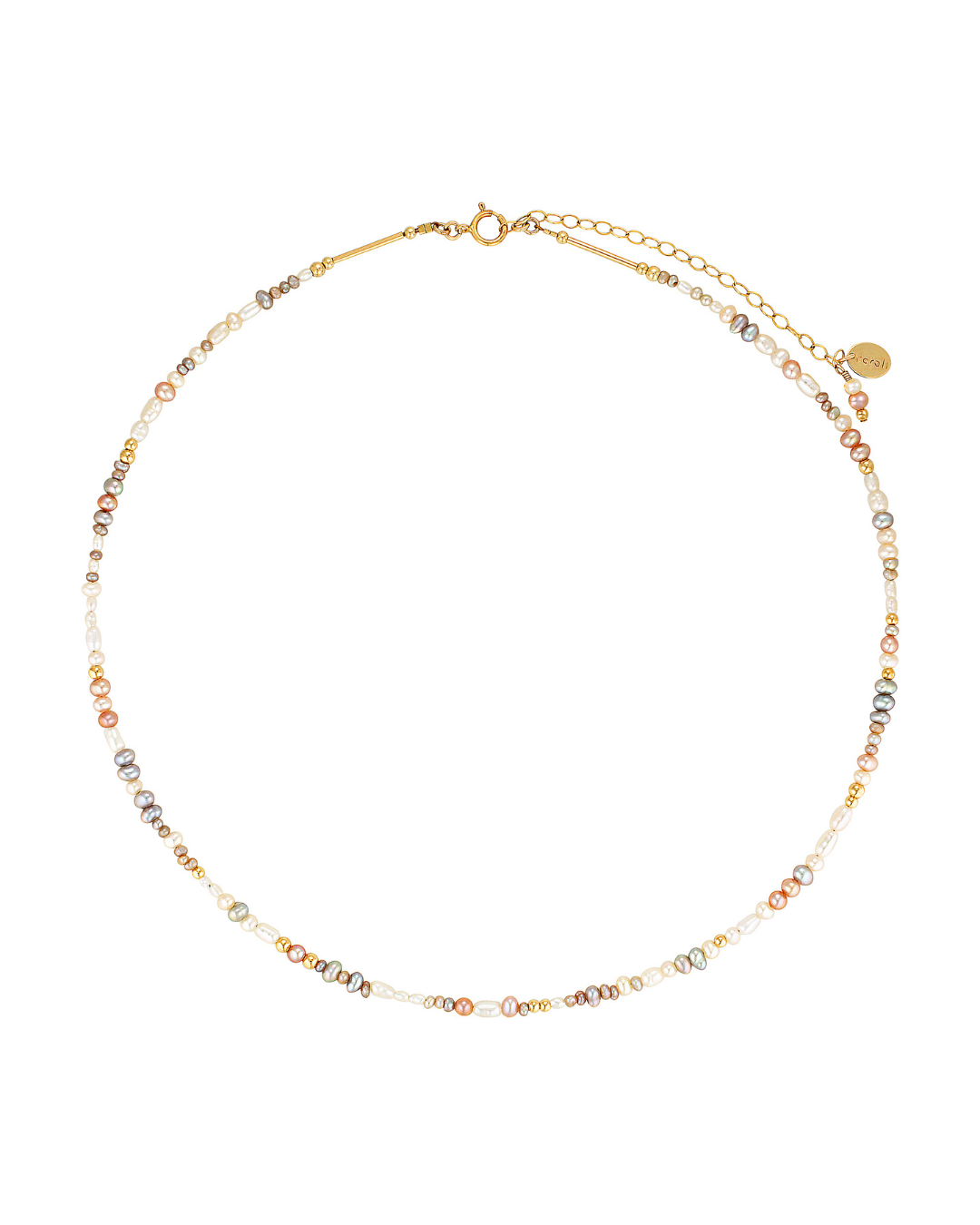 A choker necklace featuring a strand of high lustre freshwater pearls with gold accent beads, finished with a Corali charm.