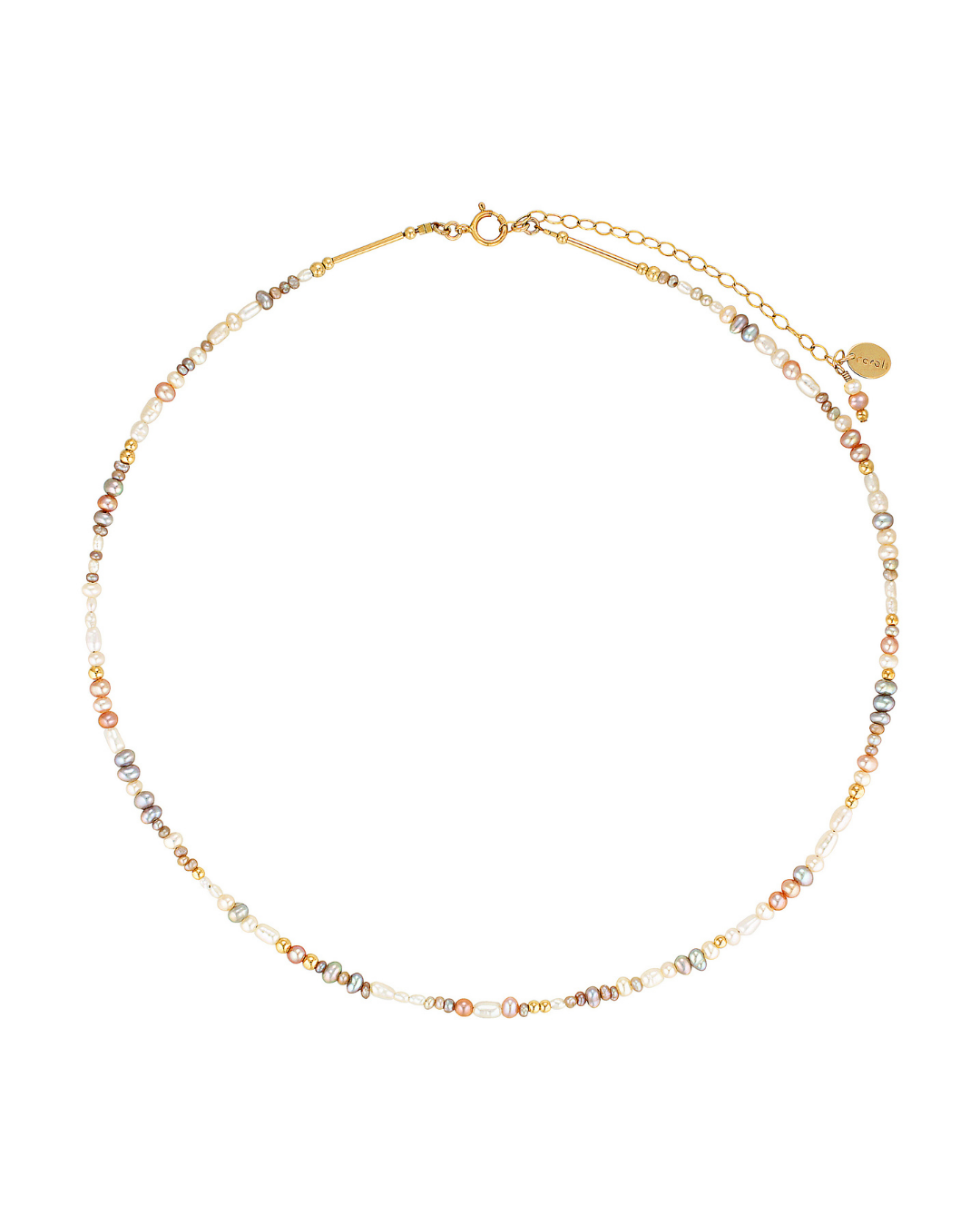 Gold necklace with pearls beads on a white background